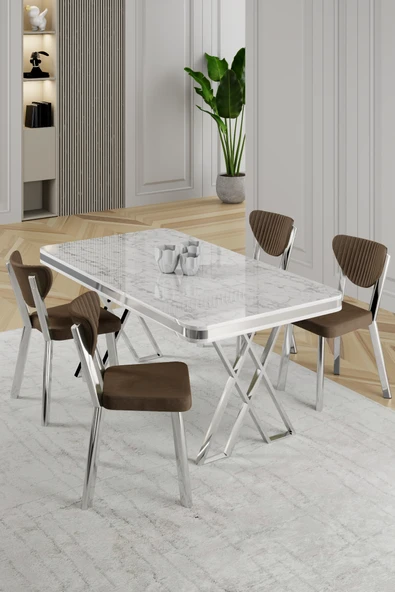Raja Serisi 80x130 Lak Panel Beyaz Mermer Desen Masa Takımı Krom Ayaklı 4 Sandalye ürün görseli 1