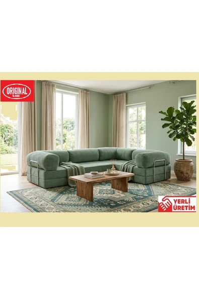HEREV KK300X200 KÖŞE KOLTUK 2 YATAKLI FİTİLLİ KADİFE KUMAŞLI ŞARK KÖŞE Yeşil ürün görseli 1