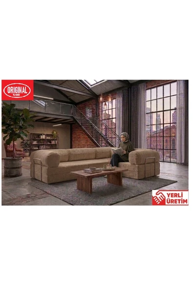 HEREV KK300X200 KÖŞE KOLTUK 2 YATAKLI FİTİLLİ KADİFE KUMAŞLI ORİJİNAL SÜNGERLİ ŞARK KÖŞE Bej ürün görseli 1