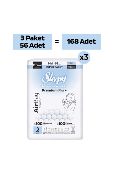 Sleepy Bio Natural Premium Plus Airbag Comfort Mega Paket Bebek Bezi 3 Numara Midi 168 Adet ürün görseli 1