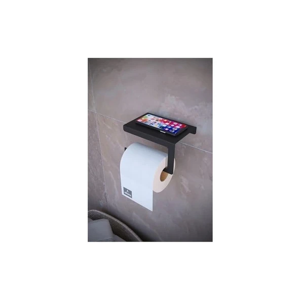 Storemax Metal Modern Raflı Tuvalet Kağıtlık – Telefon ve Aksesuar Askılı Wc Peçete Tutucu Siyah ürün görseli 1