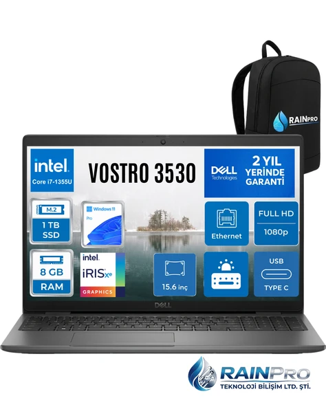 Vostro 3530 Intel Core İ7-1355U 8 GB 1 TB SSD Fhd 15.6'' İntel İris XE Graphics Windows 11 Pro Dizüstü Bilgisayar N1601PVNB3530RNP02 ürün görseli 1