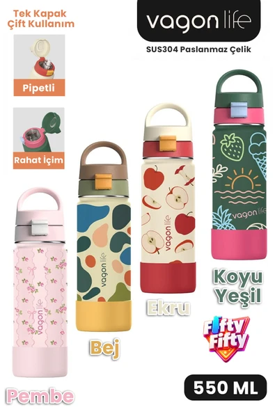 550 ML Desenli Tek Kapak Çift Kullanım Pipetli Rahat İçim Kulplu Paslanmaz Çelik Termos 1109-550ML ürün görseli 1