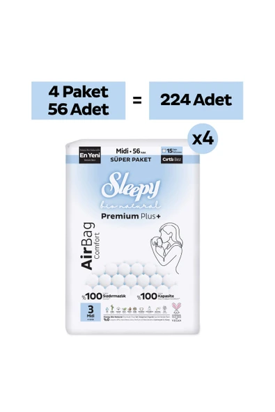 Sleepy Bio Natural Premium Plus Airbag Comfort Ultra Paket Bebek Bezi 3 Numara Midi 224 Adet ürün görseli 1