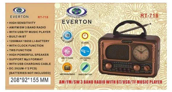 Everton RT-718 Bluetooth-USB-SD-FM Şarjlı  Nostaljik Radyo ürün görseli 1