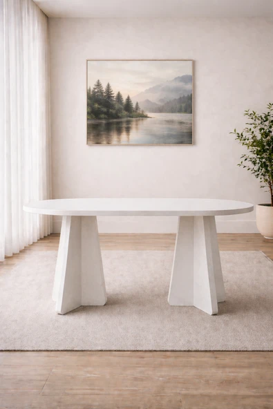SHOOVVEL Deluxe Bohem Beyaz Oval Yemek Masası – İskandinav Modern Tasarım 90x160 cm (SADECE MASA) Beyaz ürün görseli 1
