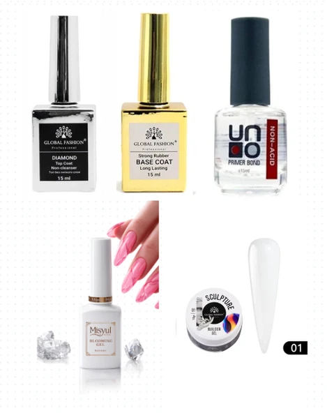 Kalıcı Oje Set 2 ( Top + Base Coat 15ml+ Primer 12ml) + Blooming Jel 15ml + Hamur Jeli 15ml Clear ürün görseli 1