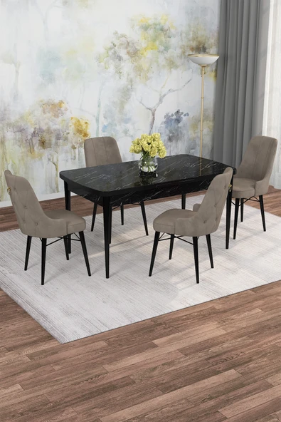 SHOOVVEL Mona Siyah Mermer 80x132 Açılabilir Mdf Masa Yemek Odası Takımı, Mutfak Takımı 4 Adet Sandalye Siyah Mermer - 4 Cappuccino - Siyah Ayak ürün görseli 1