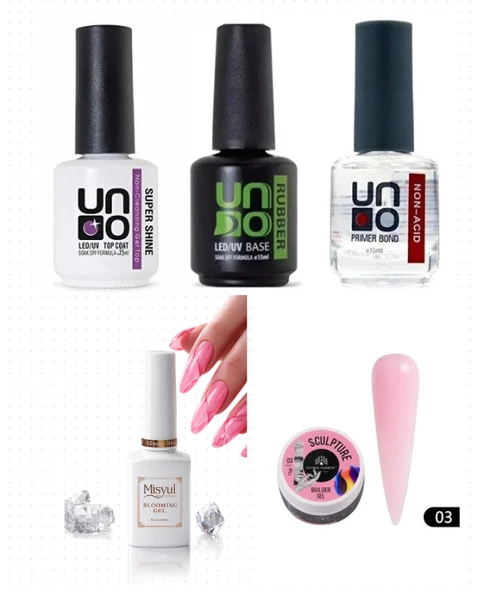 Kalıcı Oje Set 1 ( Top + Base Coat + Primer 12ml) + Blooming Jel 15ml + Hamur Jeli 15ml Pink ürün görseli 1