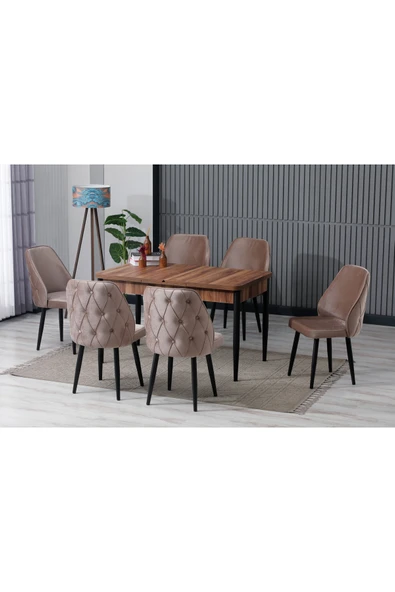 SHOOVVEL Elor Ahşap Desen 80x132 Açılabilir MDF Masa Yemek Odası Takımı | Mutfak Takımı | 6 Sandalyeli Kahverengi ürün görseli 1