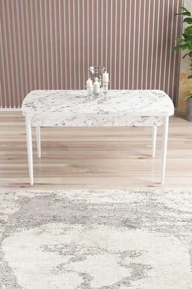 SHOOVVEL Lamina Beyaz Mermer MDF 80X132 Ahşap Ayaklı Açılır Mutfak Masası, Yemek Masası, Salon Masası Beyaz Mermer Desen ürün görseli 1