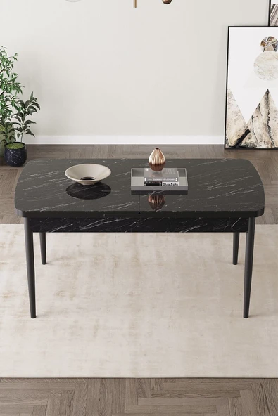 SHOOVVEL Lamina Siyah Mermer MDF 80X132 Ahşap Ayaklı Açılır ÜstKalite Mutfak Masası,Yemek Masası,Salon Masası Siyah Mermer Desen ürün görseli 1