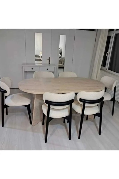 SHOOVVEL Ava Bohem Traverten Oval Yemek Masası – İskandinav Modern Tasarım 90x165 cm(SADECE MASA) traverten ürün görseli 1