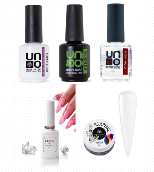 Kalıcı Oje Set 1 ( Top + Base Coat + Primer 12ml) + Blooming Jel 15ml + Hamur Jeli 15ml Clear ürün görseli 1
