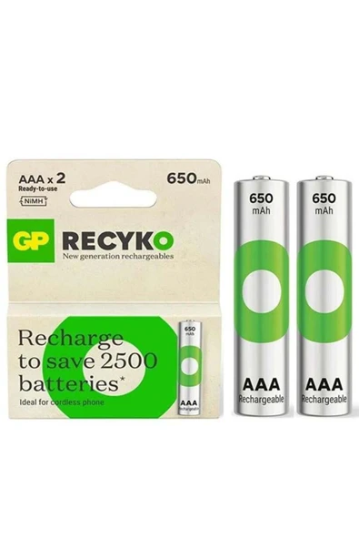 GP Batteries Gp Recyko 650 Mah R03 Aaa Şarjli 2li Ince Kalem Pil Gp65aaahcer21-2tlb2 (gprhch63e041 ürün görseli 1