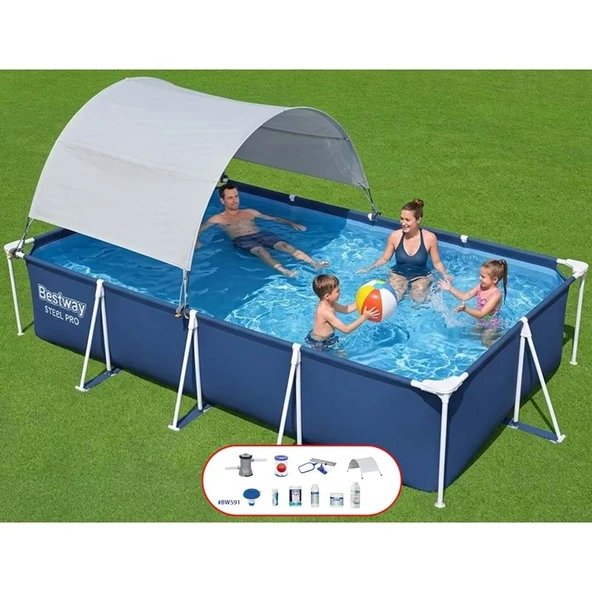 Bestway Steel Pro Prefabrik Yer Üstü Gölgelikli Dikdörtgen Havuz 4,00 m x 2,11 m x 81 cm 56405 BW591 ürün görseli 1