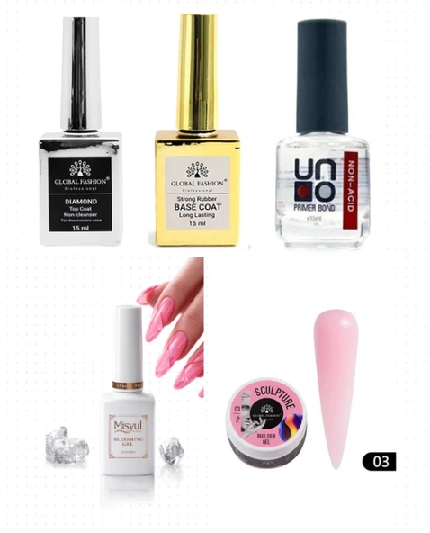 Kalıcı Oje Set 2 ( Top + Base Coat 15ml+ Primer 12ml) + Blooming Jel 15ml + Hamur Jeli 15ml Pink ürün görseli 1