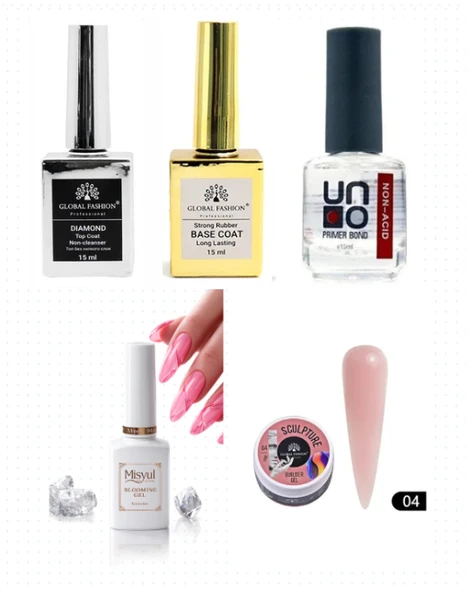 Kalıcı Oje Set 2 ( Top + Base Coat 15ml+ Primer 12ml) + Blooming Jel 15ml + Hamur Jeli 15ml Nude ürün görseli 1