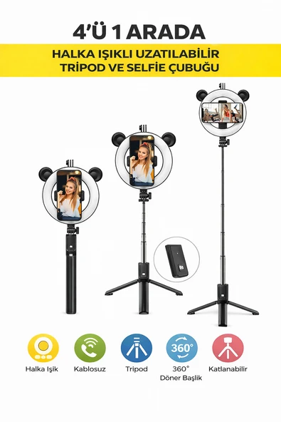 4ü 1 Arada Halka Işık Tripod Selfie Çubuğu Uzaktan Kumandalı 360 Döner Telefon Tutucu ürün görseli 1