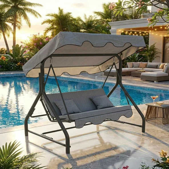 Yekta Home Twin 2 Kişilik Bahçe Salıncağı  Sağlam Metal Gövde Gri Minderli Salıncak ürün görseli 1