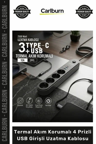 #Uzatma TypeC Şarjlı Dayanıklı 2500 Watt Termal Akım Korumalı 4 Prizli USB Girişli Uzatma Kablosu ürün görseli 1