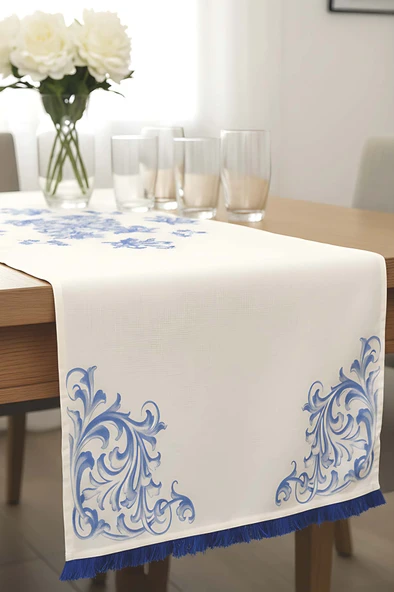 Elysian Blue Keten Runner 45x140 cm - Resim 6