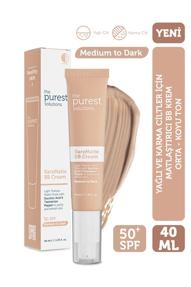 THE PUREST SOLUTİONS Yağlı ve Karma Ciltler İçin Matlaştırıcı BB Krem, SPF 50 + 40 ml – Orta/Koyu Ton ürün görseli 1