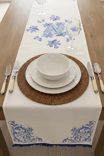 Elysian Blue Keten Runner 45x140 cm - Resim 3