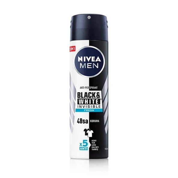 NIVEA MEN Erkek Sprey Deodorant Black&white Invisible Fresh 150ml, 72 Saat Anti-Perspirant Ter Koruması ürün görseli 1