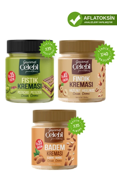 Gourmet Çelebi Krema Paketi – 3’lü Avantaj - Antep Fıstık Kreması - Fındık Kreması - Badem Kreması (200'er Gram) ürün görseli 1