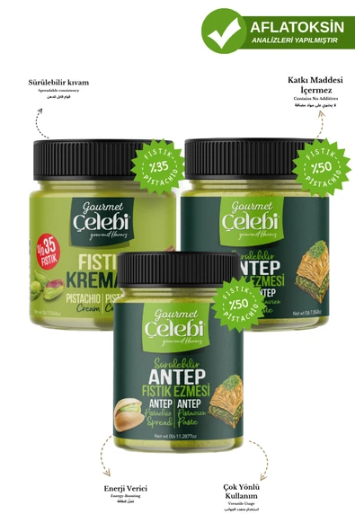 Gourmet Çelebi Antep Fıstık Ezmesi 200 Gr - 320 Gr- Antep Fıstığı Kreması 200 Gr (3'lü Özel Paket) ürün görseli 1