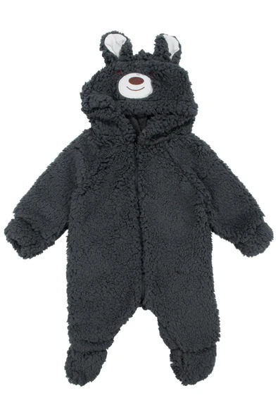Unisex Füme Ayı Nakışlı Kapşonlu Peluş Tulum ürün görseli 1
