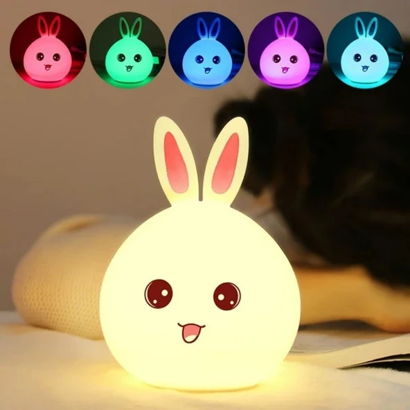 5 Farklı Renk Modlu Tavşan Figürlü Pofuduk LED Gece Lambası Yumuşak Dokulu Çocuk Odası ve Dekoratif Şarjlı Ortam Işığı ürün görseli 1