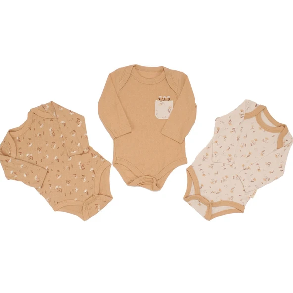 Unisex Kahve Bej Yaprak Desenli 3'lü Zıbın Set ürün görseli 1