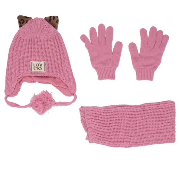 Kız Çocuk Pembe Leopar Kulaklı Lovers Yazılı Atkı Bere Takımı 4-8 Yaş ürün görseli 1