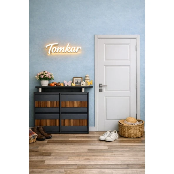 Tomkar 2+2 Antrasit Metal Ayakkabılık Ahşap Ceviz Kaplamalı ( Kilitli ) ürün görseli 1