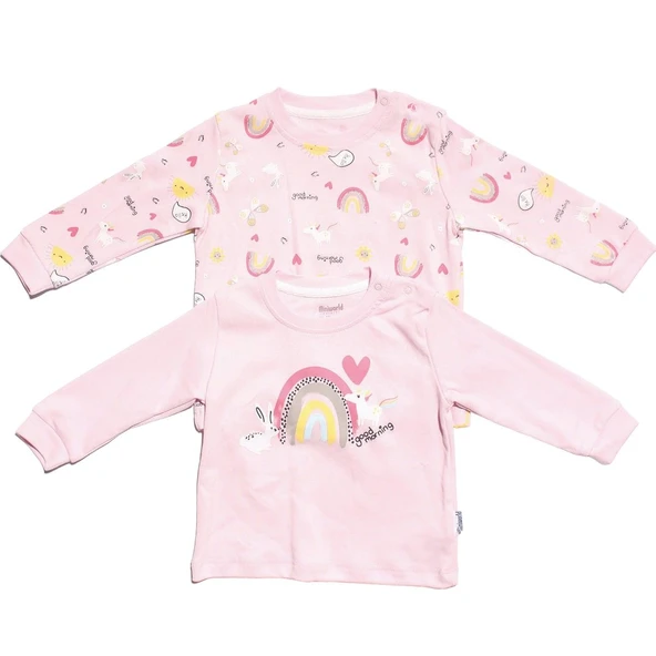 Kız Bebek Pudra Güneş Gökkuşağı Baskılı 2'li Body Set ürün görseli 1