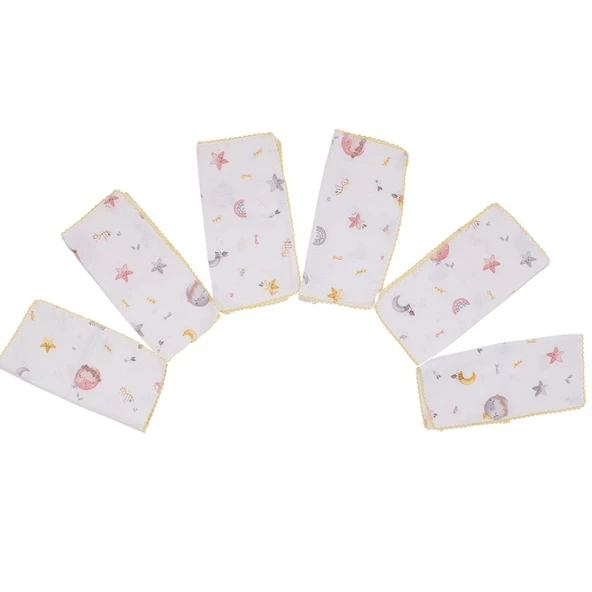 Unisex Sarı Biyeli Kırmızı Yıldız Desenli 28x28 6'Lı Müslin Ağız Mendili ürün görseli 1