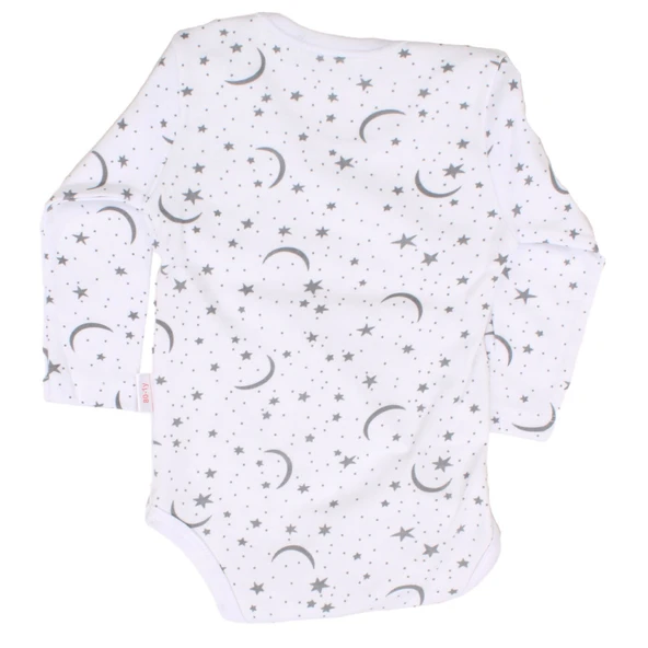 Unisex Beyaz Ay Yıldız Desenli Uzun Kollu Çıtçıtlı Zıbın ürün görseli 1