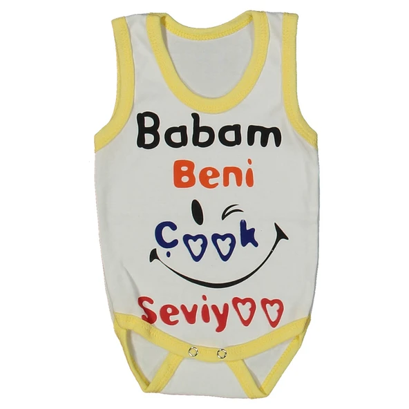 Unısex Beyaz Sarı Biyeli Babam Beni Seviyor Yazılı Askılı Zıbın ürün görseli 1