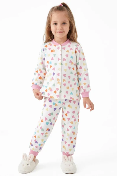 Kız Çocuk Ekru Pembe Renkli Kalpli Desenli Çıtçıtlı Pijama Takımı ürün görseli 1
