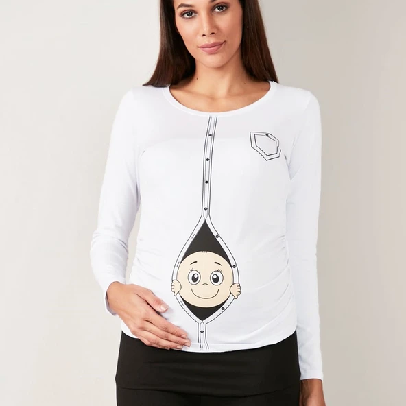 Beyaz Bebek Baskılı Hamile Body - Resim 2