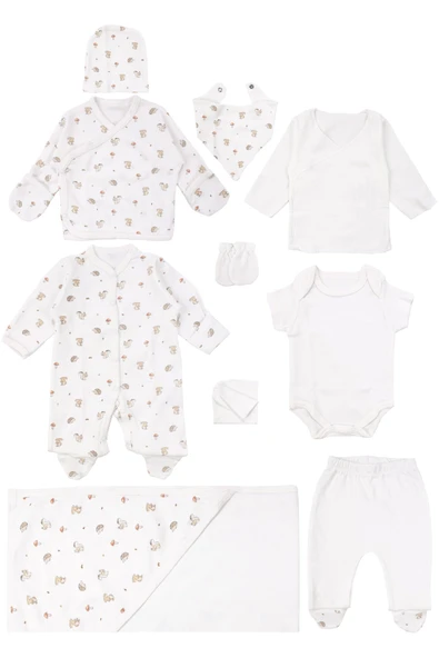 Unisex Ekru Kahve Tavşan Ve Sincap Desenli 10 Parça Hastane Çıkışı ürün görseli 1