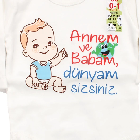 Unisex Beyaz Anne Ve Babam Dünyam Sizsiniz Basıkılı Uzun Kollu Zıbın ürün görseli 1