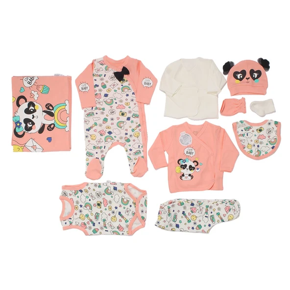 Kız Bebek Somon Beyaz Cute Baby Yazılı Panda Baskılı 10 Parça Hastane Çıkış Seti ürün görseli 1