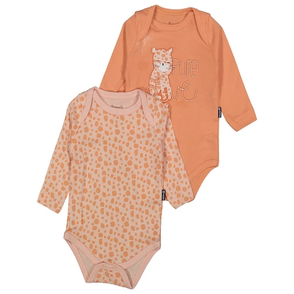 Kız Bebek Turuncu Kedi Baskılı Leopar Desenli 2'li Zıbın Set ürün görseli 1