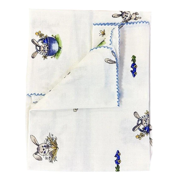 Erkek Bebek Mavi Biyeli Tavşanlı Desenli Pikeli Müslin Battaniye 80x90 ürün görseli 1