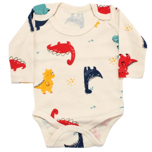 Erkek Bebek Bej Renkli Dino Baskılı Uzun Kollu Zıbın ürün görseli 1