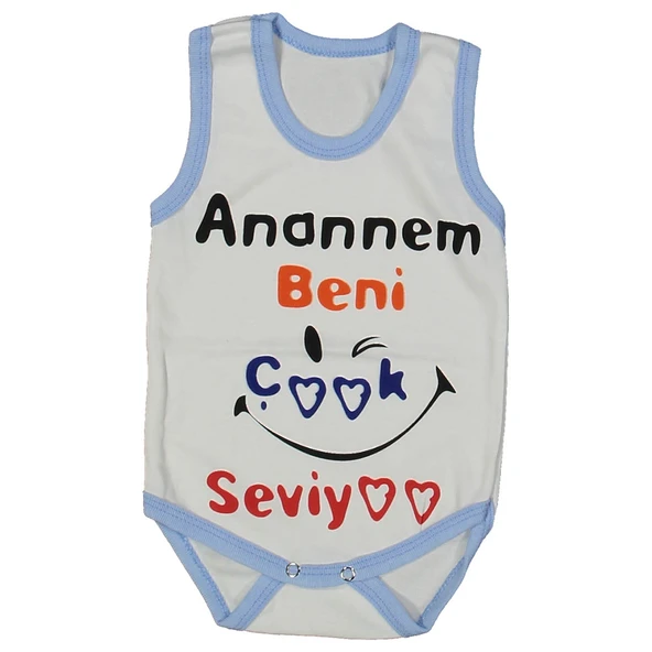 Unısex Beyaz Mavi Biyeli Anaannem Beni Seviyor Yazılı Askılı Zıbın ürün görseli 1