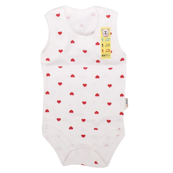 Kız Bebek Ekru Kırmızı Kalp Baskılı Askılı Çıtçıtlı Body Zıbın ürün görseli 1